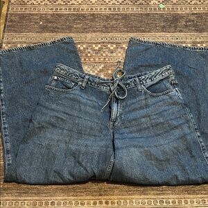 Women's High-Rise Blue Denim Jeans With Wide Legs And Waist Tie Size 14